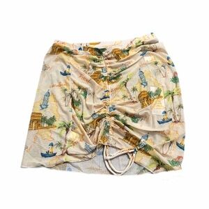 NWT Y2K Vintage Mesh European Travel Print Ruched Mini Skirt (Yellow/Multi) XL